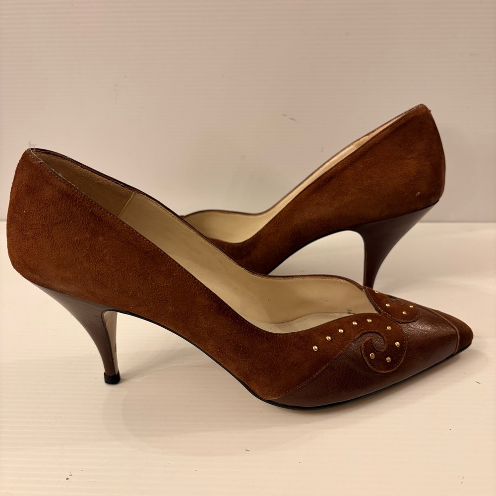 SERGIO ZELCER Brown Leather & Suede Pointy Toe Heeled Pumps - Size 9